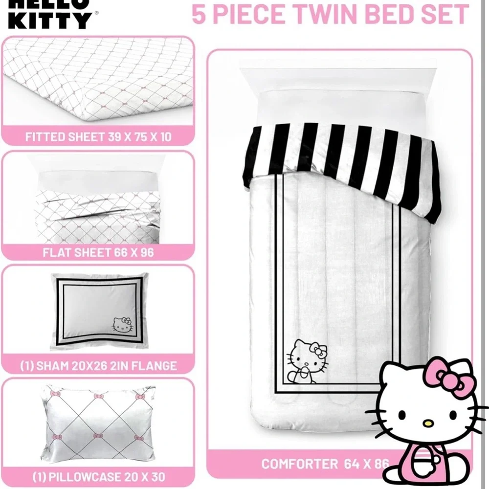 Hello Kitty 5 Piece Twin Comforter Set Includes Sheets & Pillow Cover - White